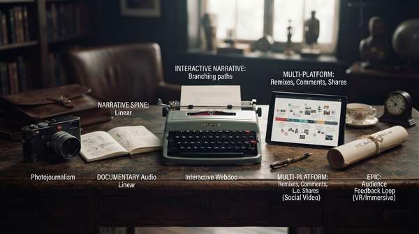 Editorial illustration for Five Digital Storytelling Formats, Compared by Narrative Spine, Medium, and Feedback Loop